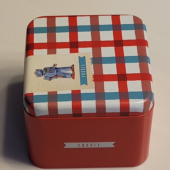 Fossil Watch Tin Retro Robot Plaid Vintage Style Collectible *Empty Tin Only* - Picture 5 of 16